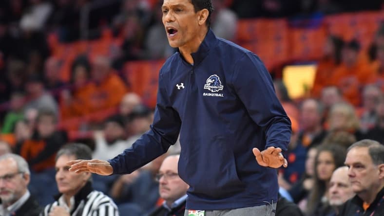 Dec 12, 2022; Syracuse, New York, USA; Monmouth Hawks head coach King Rice calls out to his team in the first half against the Syracuse Orange at JMA Wireless Dome. Mandatory Credit: Mark Konezny-USA TODAY Sports