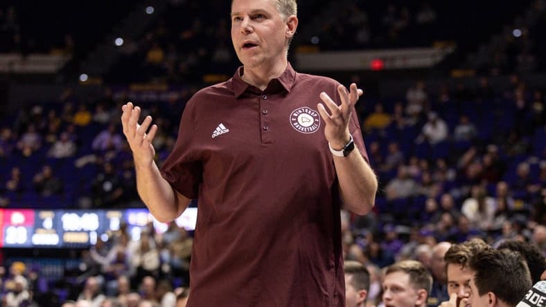 Dec 17, 2022; Baton Rouge, Louisiana, USA;  Winthrop Eagles head coach Mark Prosser reacts during the first half against the LSU Tigers at Pete Maravich Assembly Center. Mandatory Credit: Stephen Lew-USA TODAY Sports