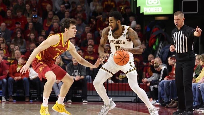 Dec 18, 2022; Ames, Iowa, USA; Iowa State Cyclones guard Caleb Grill (2) defends Western Michigan Broncos forward Markeese Hastings (0) at James H. Hilton Coliseum. The Cyclones beat the Bronco   s 73 to 57.  Mandatory Credit: Reese Strickland-USA TODAY Sports