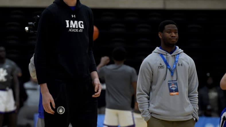 IMG Blue's Olivier Rioux, tallest teenager and high school basketball player in the world, watches as his team warms up for their game against Keystone in the Governors Challenge at Wicomico Civic Center in Salisbury, Maryland.

Bkh Img Academy Blue Keystone Athletic Academy Governors Challenge