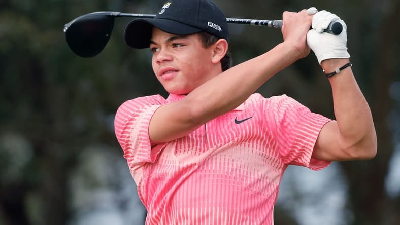 Dec 17, 2022; Orlando, Florida, USA; Charlie woods hits his tee shot on the 10th hole during the first round of the PNC Championship golf tournament at Ritz Carlton Golf Club Grande Lakes Orlando Course. Mandatory Credit: Reinhold Matay-USA TODAY Sports