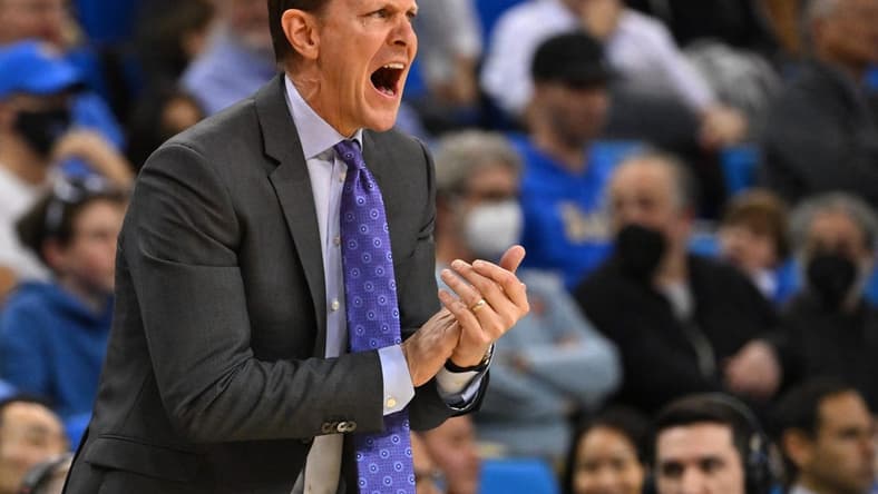 Feb 2, 2023; Los Angeles, California, USA; Washington Huskies head coach Mike Hopkins cheers on his team in the second half against the UCLA Bruins at Pauley Pavilion presented by Wescom. Mandatory Credit: Jayne Kamin-Oncea-USA TODAY Sports