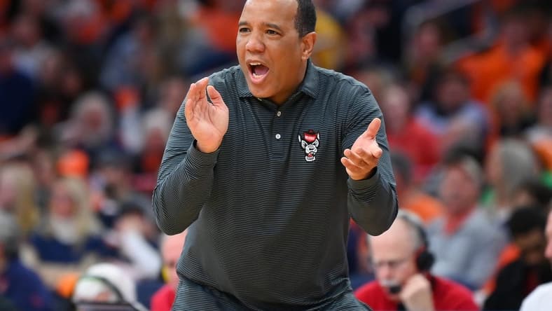 Feb 14, 2023; Syracuse, New York, USA; North Carolina State Wolfpack head coach Kevin Keatts reacts to a play against the Syracuse Orange during the second half at the JMA Wireless Dome. Mandatory Credit: Rich Barnes-USA TODAY Sports