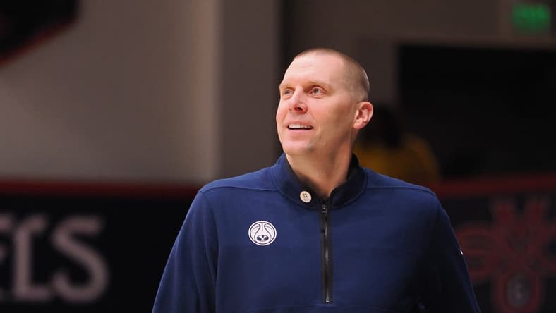 Feb 18, 2023; Moraga, California, USA; BYU Cougars head coach Mark Pope looks on from the sideline during the second half against the St. Mary's Gaels at University Credit Union Pavilion. Mandatory Credit: Kelley L Cox-USA TODAY Sports