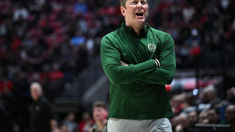 Feb 21, 2023; San Diego, California, USA; Colorado State Rams head coach Niko Medved reacts during the first half against the San Diego State Aztecs at Viejas Arena. Mandatory Credit: Orlando Ramirez-USA TODAY Sports