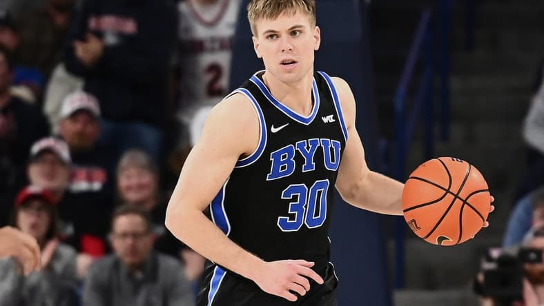 Feb 11, 2023; Spokane, Washington, USA; Brigham Young Cougars guard Dallin Hall (30) controls the ball against the Gonzaga Bulldogs in the second half at McCarthey Athletic Center. Mandatory Credit: James Snook-USA TODAY Sports