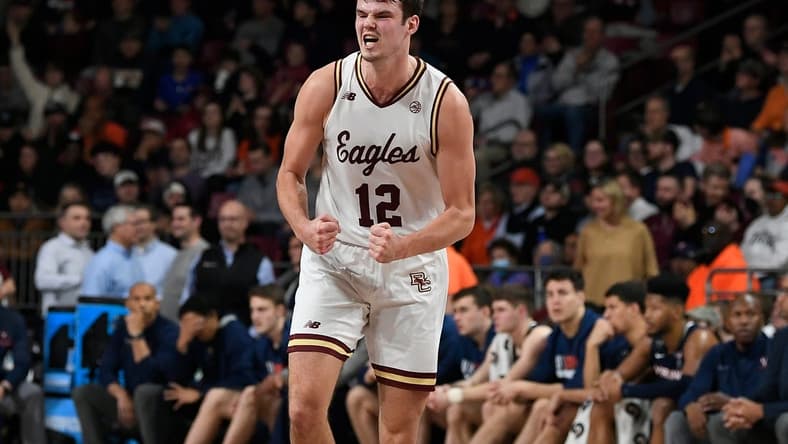 Feb 22, 2023; Chestnut Hill, Massachusetts, USA; Boston College Eagles forward Quinten Post (12) reacts against the Virginia Cavaliers during the first half at Conte Forum. Mandatory Credit: Eric Canha-USA TODAY Sports