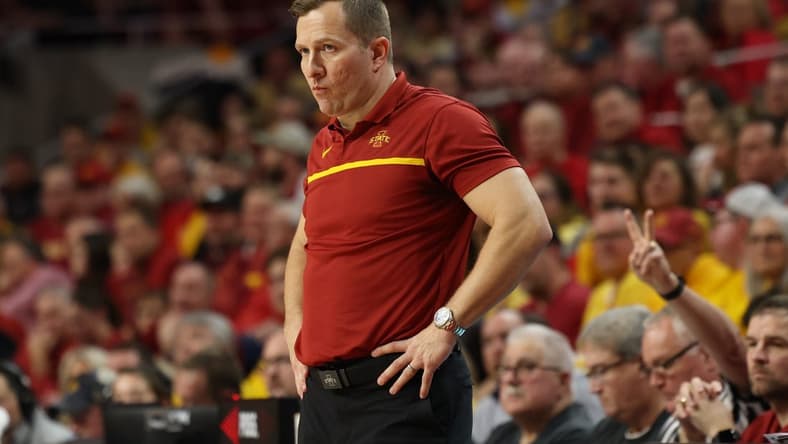 Feb 27, 2023; Ames, Iowa, USA; Iowa State Cyclones head coach T. J. Otzelberger watches his team play the West Virginia Mountaineers during the second half at James H. Hilton Coliseum. Mandatory Credit: Reese Strickland-USA TODAY Sports
