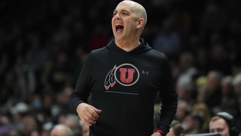 Mar 4, 2023; Boulder, Colorado, USA; Utah Utes head coach Craig Smith calls out in the first half against the Colorado Buffaloes at the CU Events Center. Mandatory Credit: Ron Chenoy-USA TODAY Sports