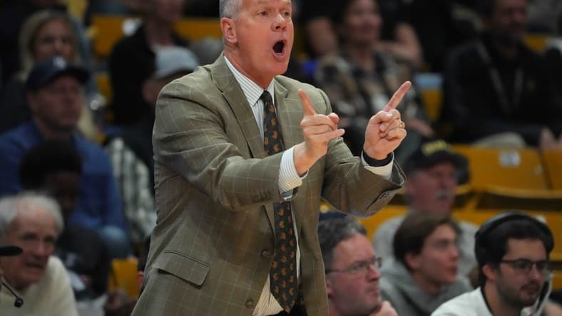 Mar 4, 2023; Boulder, Colorado, USA; Colorado Buffaloes head coach Tad Boyle calls in play in the first half against the Utah Utes at the CU Events Center. Mandatory Credit: Ron Chenoy-USA TODAY Sports