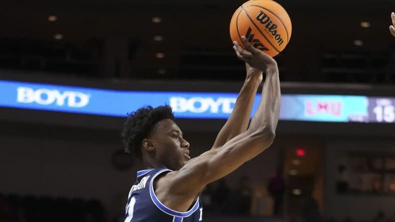 March 4, 2023; Las Vegas, NV, USA; Brigham Young Cougars guard Jaxson Robinson (2) shoots the basketball during the first half in the quarterfinals of the WCC Basketball Championships at Orleans Arena. Mandatory Credit: Kyle Terada-USA TODAY Sports