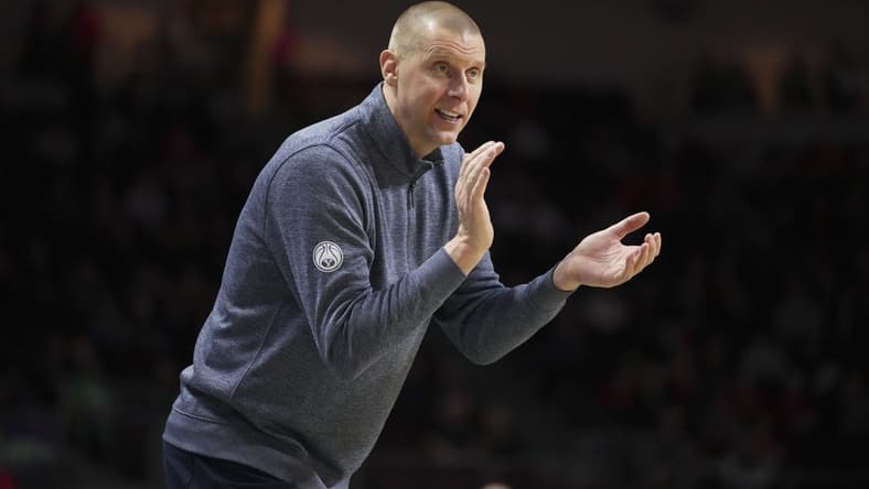 March 6, 2023; Las Vegas, NV, USA; Brigham Young Cougars head coach Mark Pope instructs against the Saint Mary's Gaels during the first half in the semifinals of the WCC Basketball Championships at Orleans Arena. Mandatory Credit: Kyle Terada-USA TODAY Sports