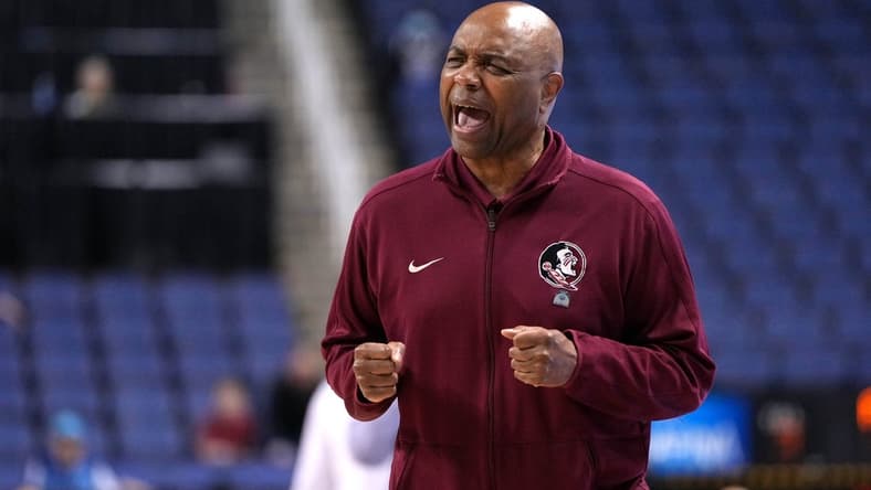 Mar 7, 2023; Greensboro, NC, USA; Florida State Seminoles head coach Leonard Hamilton reacts in the second half of the first round of the ACC Tournament at Greensboro Coliseum. Mandatory Credit: Bob Donnan-USA TODAY Sports