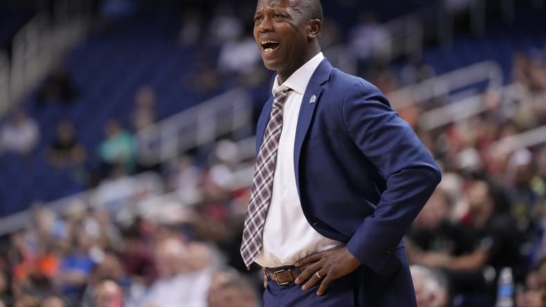 Mar 7, 2023; Greensboro, NC, USA; Boston College Eagles head coach Earl Grant reacts in the first half of the first round of the ACC Tournament at Greensboro Coliseum. Mandatory Credit: Bob Donnan-USA TODAY Sports