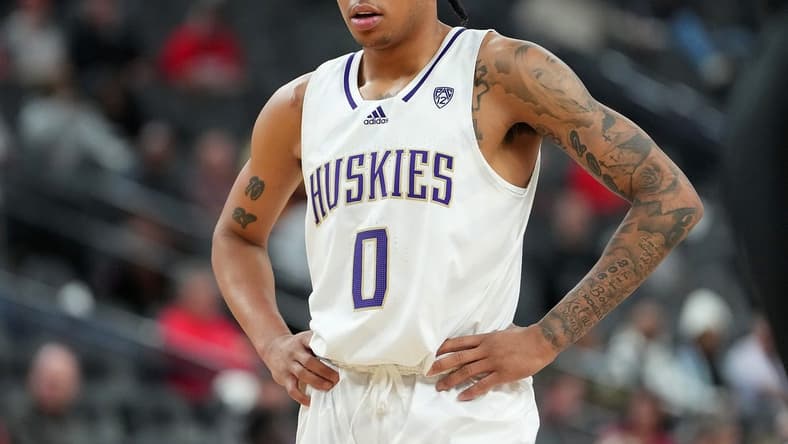 Mar 8, 2023; Las Vegas, NV, USA; Washington Huskies guard Koren Johnson (0) awaits a free throw attempt against the Colorado Buffaloes during the first half at T-Mobile Arena. Mandatory Credit: Stephen R. Sylvanie-USA TODAY Sports