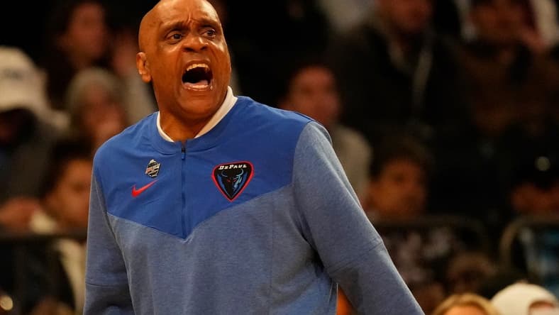 Mar 8, 2023; New York, NY, USA;  DePaul Blue Demons head coach Tony Stubblefield coaches his team during the first half of play against Seton Hall at Madison Square Garden. Mandatory Credit: Robert Deutsch-USA TODAY Sports