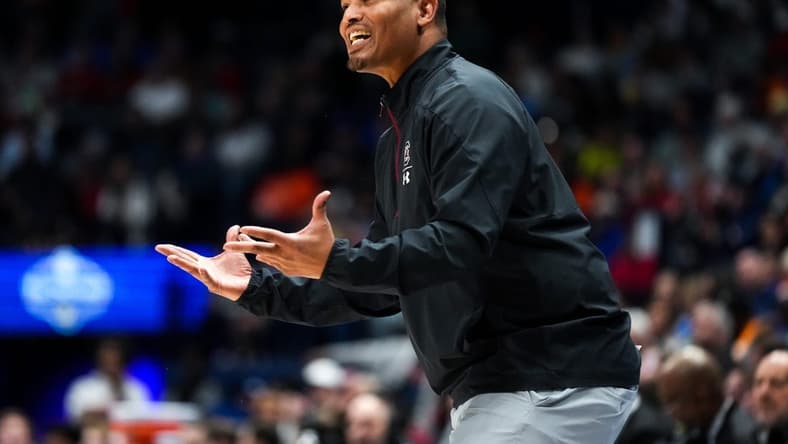 South Carolina head coach Lamont Paris works with his team against Mississippi during the first half of a first round SEC Tournament men   s basketball game at Bridgestone Arena in Nashville, Tenn., Wednesday, March 8, 2023.

Misssc Sec G1 030823 An 014