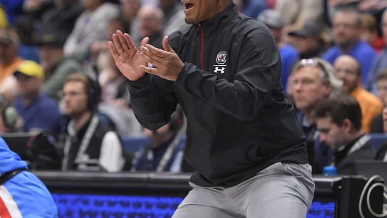 Mar 8, 2023; Nashville, TN, USA; South Carolina Gamecocks Lamont Paris cheers his team on against the Mississippi Rebels during the first half at Bridgestone Arena. Mandatory Credit: Steve Roberts-USA TODAY Sports