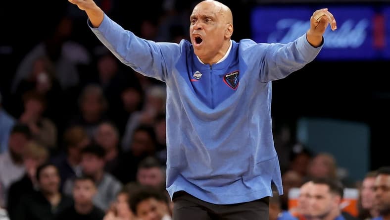 Mar 8, 2023; New York, NY, USA; DePaul Blue Demons head coach Tony Stubblefield coaches against the Seton Hall Pirates during the second half at Madison Square Garden. Mandatory Credit: Brad Penner-USA TODAY Sports