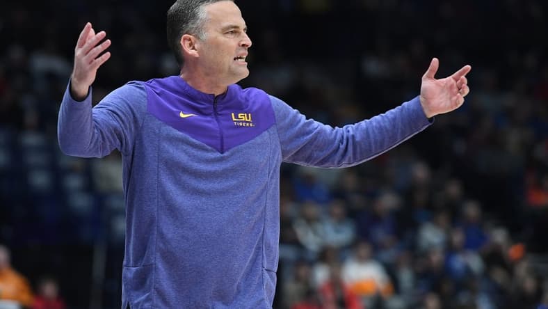 Mar 8, 2023; Nashville, TN, USA; LSU Tigers head coach Matt McMahon reacts after a call by the officials during the first half against the Georgia Bulldogs at Bridgestone Arena. Mandatory Credit: Christopher Hanewinckel-USA TODAY Sports