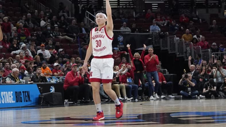 Mar 8, 2023; Chicago, IL, USA; Nebraska Cornhuskers guard Keisei Tominaga (30) gestures after making a three point basket against the Minnesota Golden Gophers during the first half at United Center. Mandatory Credit: David Banks-USA TODAY Sports