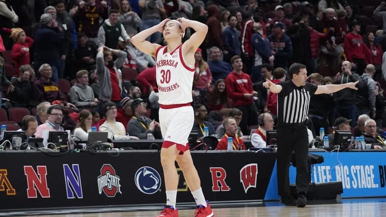 Mar 8, 2023; Chicago, IL, USA; Nebraska Cornhuskers guard Keisei Tominaga (30) reacts after missing a shot at the end of the game against the Minnesota Golden Gophers at United Center. Mandatory Credit: David Banks-USA TODAY Sports