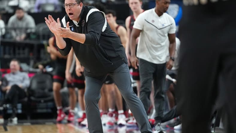 Mar 8, 2023; Las Vegas, NV, USA; Stanford Cardinal head coach Jerod Haase applauds a play against the Utah Utes during the second half at T-Mobile Arena. Mandatory Credit: Stephen R. Sylvanie-USA TODAY Sports