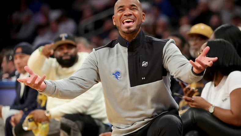 Mar 8, 2023; New York, NY, USA; Seton Hall Pirates head coach Shaheen Holloway reacts as he coaches against the DePaul Blue Demons during the second half at Madison Square Garden. Mandatory Credit: Brad Penner-USA TODAY Sports