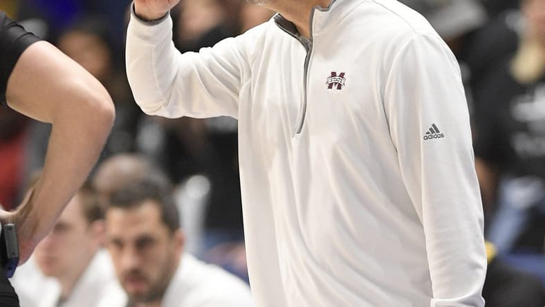 Mar 9, 2023; Nashville, TN, USA;  Mississippi State Bulldogs head coach Chris Jans reacts against the Florida Gators during the second half at Bridgestone Arena. Mandatory Credit: Steve Roberts-USA TODAY Sports