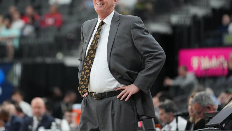 Mar 9, 2023; Las Vegas, NV, USA; Colorado Buffaloes head coach Tad Boyle reacts to a call during the first half against the UCLA Bruins at T-Mobile Arena. Mandatory Credit: Stephen R. Sylvanie-USA TODAY Sports