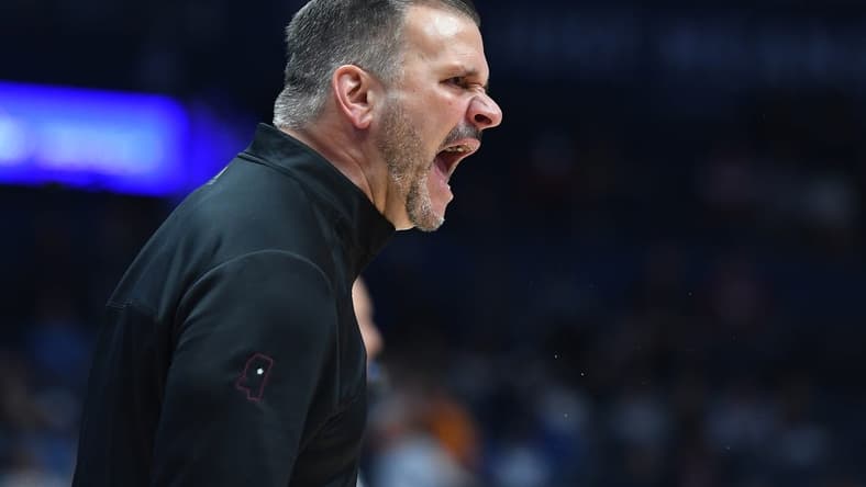 Mar 10, 2023; Nashville, TN, USA; Mississippi State Bulldogs head coach Chris Jans yells from the sideline during the first half against the Alabama Crimson Tide at Bridgestone Arena. Mandatory Credit: Christopher Hanewinckel-USA TODAY Sports