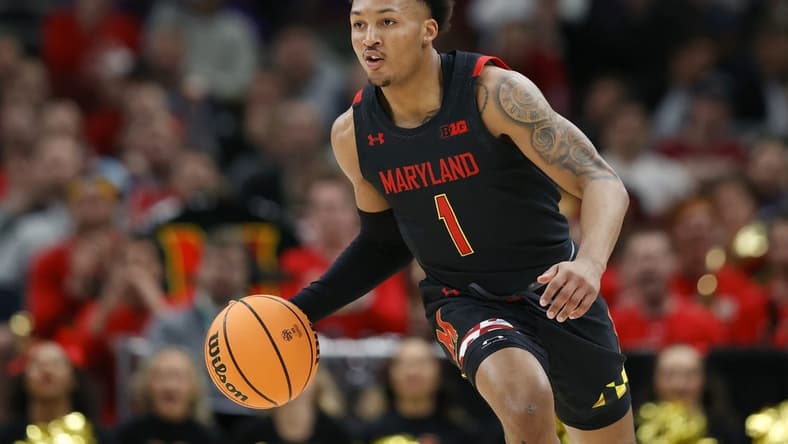 Mar 10, 2023; Chicago, IL, USA; Maryland Terrapins guard Jahmir Young (1) brings the ball up court against the Indiana Hoosiers during the first half at United Center. Mandatory Credit: Kamil Krzaczynski-USA TODAY Sports