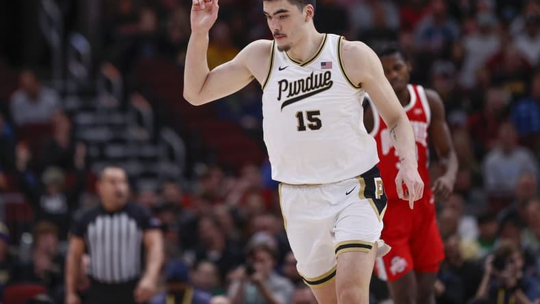 Mar 11, 2023; Chicago, IL, USA; Purdue Boilermakers center Zach Edey (15) reacts after scoring against the Ohio State Buckeyes during the first half at United Center. Mandatory Credit: Kamil Krzaczynski-USA TODAY Sports