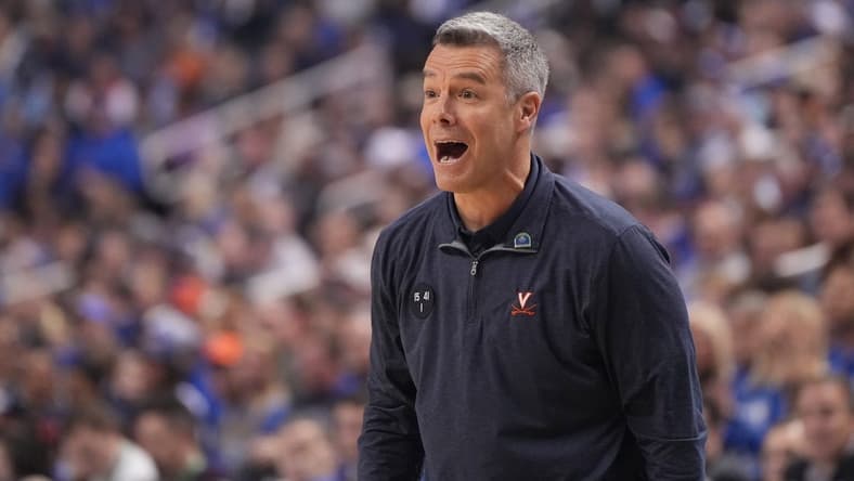 Mar 11, 2023; Greensboro, NC, USA;  Virginia Cavaliers head coach Tony Bennett reacts in the first half of the Championship of the ACC Tournament at Greensboro Coliseum. Mandatory Credit: Bob Donnan-USA TODAY Sports