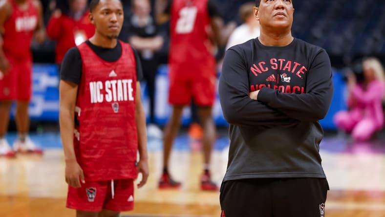 Mar 16, 2023; Denver, CO, USA; North Carolina State Wolfpack head coach Kevin Keatts watches practice before the first round of the NCAA Tournament at Ball Arena. Mandatory Credit: Michael Ciaglo-USA TODAY Sports