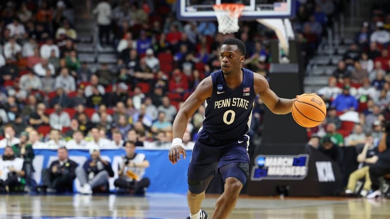 Mar 16, 2023; Des Moines, IA, USA; Penn State Nittany Lions guard Kanye Clary (0) dribbles the ball against the Texas A&M Aggies during the first half at Wells Fargo Arena. Mandatory Credit: Reese Strickland-USA TODAY Sports