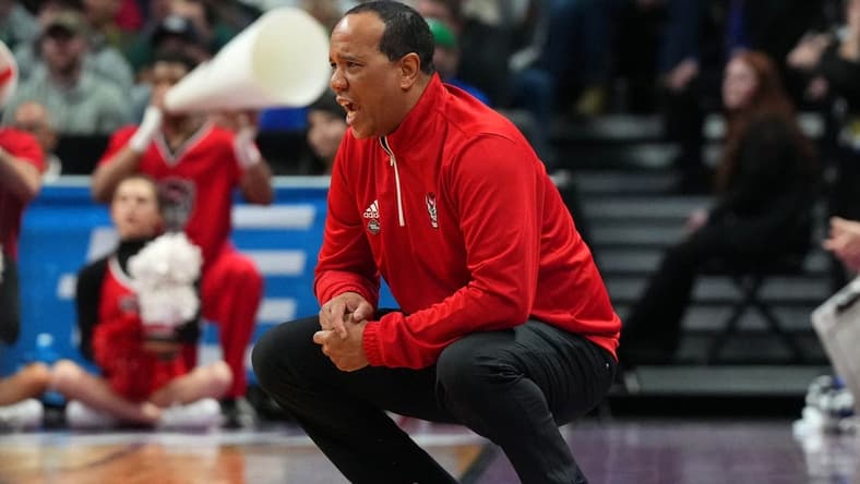 Mar 17, 2023; Denver, CO, USA;  North Carolina State Wolfpack head coach Kevin Keatts reacts to a play during the second half against Creighton Bluejays in the first round of the 2023 NCAA men   s basketball tournament at Ball Arena. Mandatory Credit: Ron Chenoy-USA TODAY Sports
