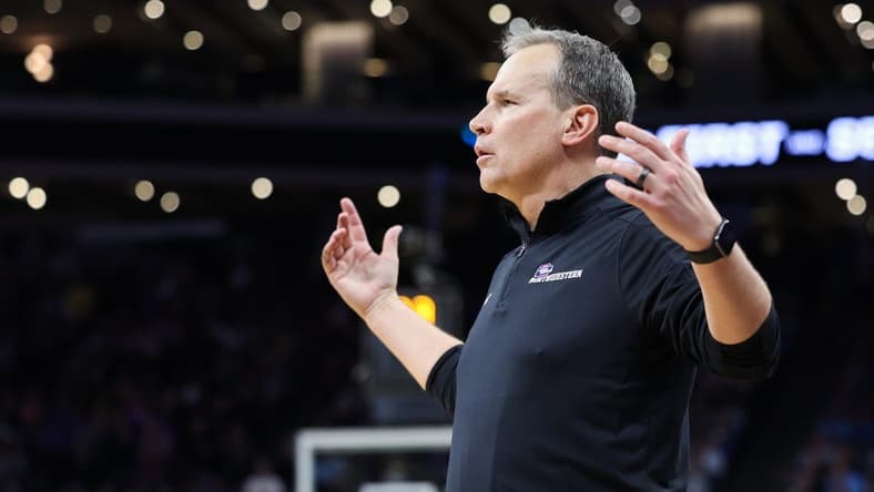 Mar 18, 2023; Sacramento, CA, USA; Northwestern Wildcats head coach Chris Collins reacts during the second half against the UCLA Bruins at Golden 1 Center. Mandatory Credit: Kelley L Cox-USA TODAY Sports