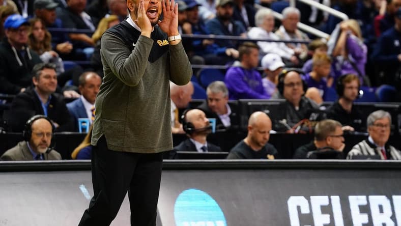 Mar 19, 2023; Greensboro, NC, USA; Pittsburgh Panthers head coach Jeff Capel reacts to a play during the first half against the Xavier Musketeers in the second round of the 2023 NCAA men   s basketball tournament at Greensboro Coliseum. Mandatory Credit: John David Mercer-USA TODAY Sports