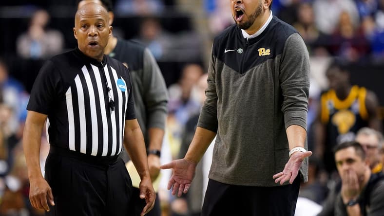 Pittsburgh Panthers head coach Jeff Capel III argues with an official in the second half of a second-round college basketball game between the Pittsburgh Panthers and the Xavier Musketeers in the NCAA Tournament, Sunday, March 19, 2023, at Greensboro Coliseum in Greensboro, N.C. The Xavier Musketeers won, 84.73.

Ncaa Xavier Pitt Basketball March 19 0502