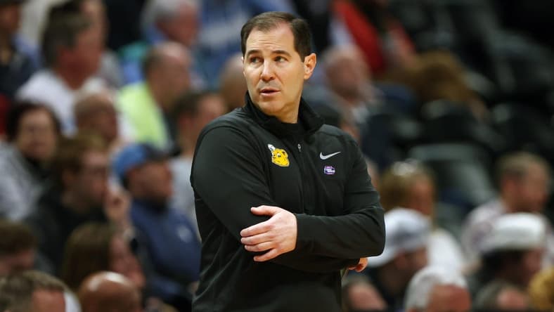 Mar 19, 2023; Denver, CO, USA; Baylor Bears head coach Scott Drew looks on in the first half against the Creighton Bluejays at Ball Arena. Mandatory Credit: Michael Ciaglo-USA TODAY Sports