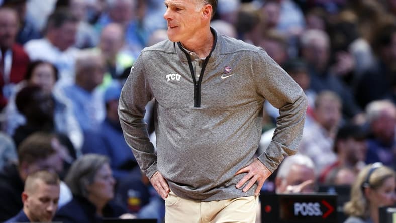 Mar 19, 2023; Denver, CO, USA; TCU Horned Frogs head coach Jamie Dixon reacts in the first half against the Gonzaga Bulldogs at Ball Arena. Mandatory Credit: Michael Ciaglo-USA TODAY Sports