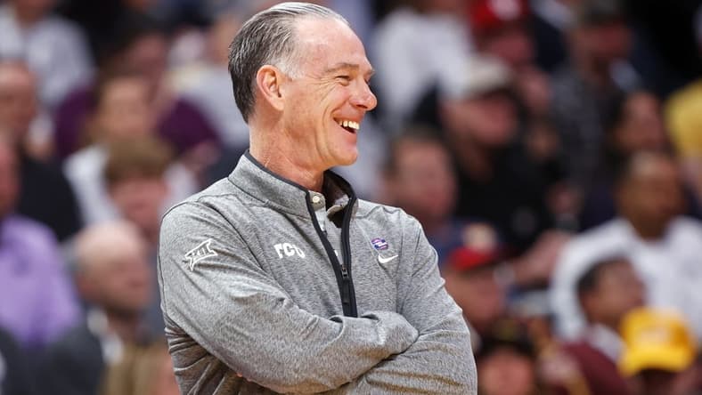 Mar 19, 2023; Denver, CO, USA; TCU Horned Frogs head coach Jamie Dixon smiles in the first half against the Gonzaga Bulldogs at Ball Arena. Mandatory Credit: Michael Ciaglo-USA TODAY Sports