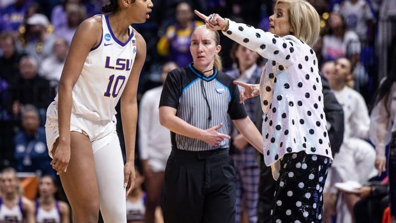 LSU Lady Tigers head coach Kim Mulkey said not playing All-American Angel Reese (10) in the second half Tuesday afternoon was a coach's decision. Mandatory Credit: Stephen Lew-USA TODAY Sports