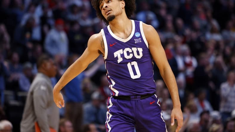 Mar 19, 2023; Denver, CO, USA; TCU Horned Frogs guard Micah Peavy (0) reacts in the second half against the Gonzaga Bulldogs at Ball Arena. Mandatory Credit: Michael Ciaglo-USA TODAY Sports