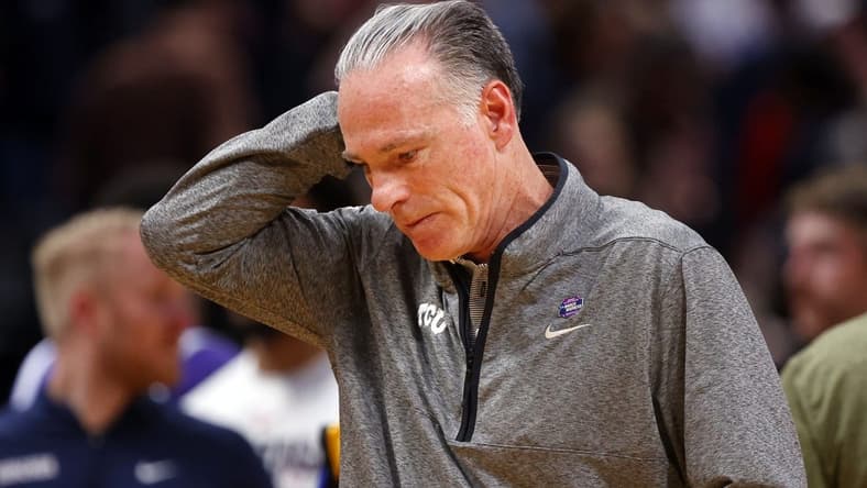 Mar 19, 2023; Denver, CO, USA; TCU Horned Frogs head coach Jamie Dixon reacts after the loss against the Gonzaga Bulldogs at Ball Arena. Mandatory Credit: Michael Ciaglo-USA TODAY Sports