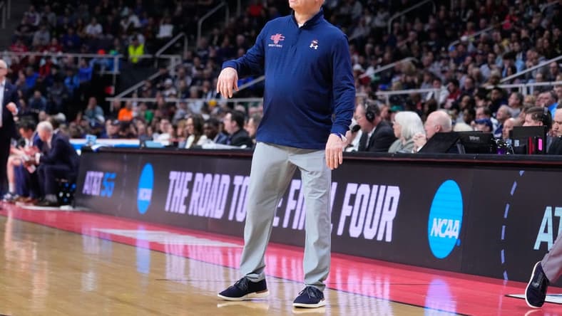 Mar 19, 2023; Albany, NY, USA; Saint Mary's Gaels head coach Randy Bennett looks on from the sidelines during the first half against the Connecticut Huskies at MVP Arena. Mandatory Credit: Gregory Fisher-USA TODAY Sports