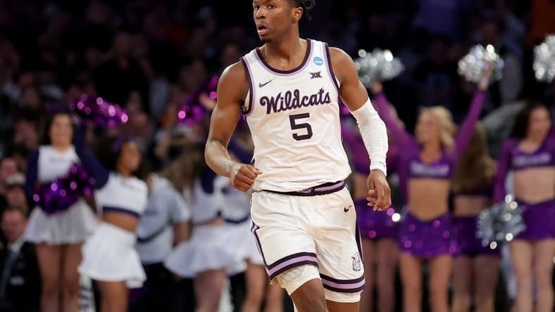 Mar 23, 2023; New York, NY, USA; Kansas State Wildcats guard Cam Carter (5) reacts during the second half against the Michigan State Spartans at Madison Square Garden. Mandatory Credit: Brad Penner-USA TODAY Sports