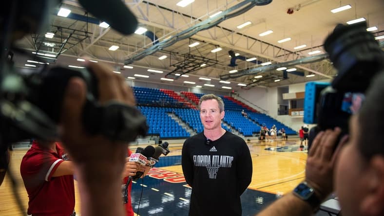 Florida Atlantic men's basketball Head Coach Dusty May speaks with media at Baldwin Arena on the FAU campus on Sunday, March 26, 2023, in Boca Raton, FL. After defeating Kansas State Saturday to advance to the NCAA Tournament Final Four for the first time in school history, the men's basketball team returned to campus and was welcomed by a crowd of supporters.