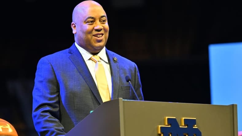 Mar 30, 2023; Notre Dame, IN, USA; Notre Dame Fighting Irish Head Men   s Basketball Coach Micah Shrewsberry speaks during his introductory press conference at the Purcell Pavilion. Mandatory Credit: Matt Cashore-USA TODAY Sports